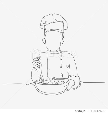 Continuous one line design of kid kneading dough. Cute cooking art character. Minimalist style vector illustration on white background. Continuous one line design of kid kneading dough. Cute cooking art character. Minimalist style vector illustration on white background. 119047600