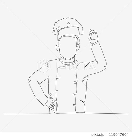 One continuous row design of stylish chef in hat. A confident cooking character. Minimalist style vector illustration on white background. 119047604