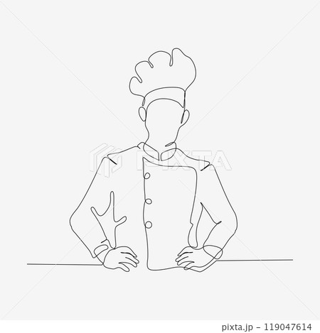 One continuous row design of stylish chef in hat. A confident cooking character. Minimalist style vector illustration on white background. 119047614