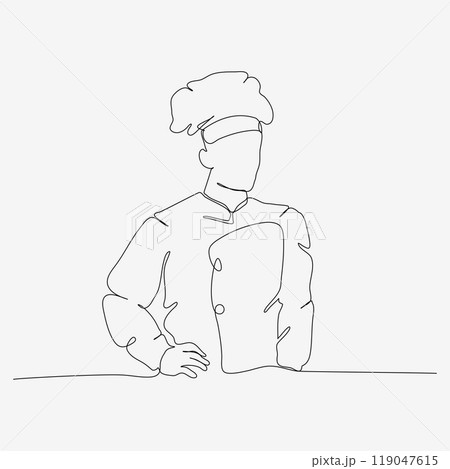 One continuous row design of stylish chef in hat. A confident cooking character. Minimalist style vector illustration on white background. 119047615