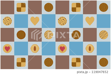 ホワイトデーカラーのチェック柄とクッキーのポップなシームレス背景_横 119047652