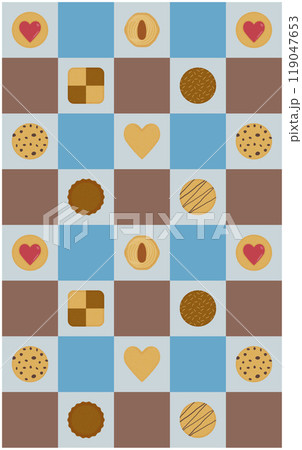 ホワイトデーカラーのチェック柄とクッキーのポップなシームレス背景_縦 119047653