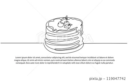 Pancake one continuous line design. Restaurant food menu design concept. Decorative elements drawn on a white background. 119047742