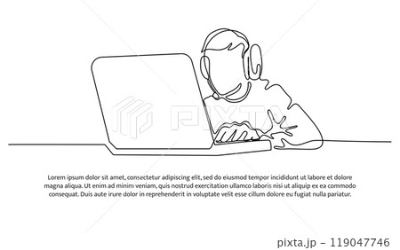Continuous line design of man wearing headset working with laptop. Decorative elements drawn on a white background. 119047746