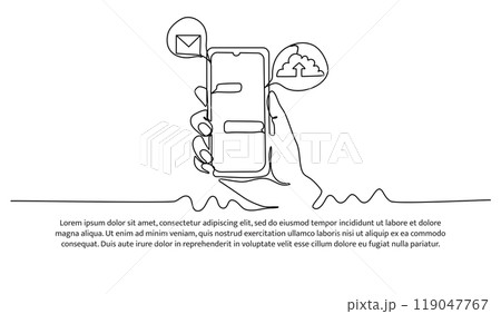 Continuous line design of a hand holding a cell phone to send information to each other. Decorative elements drawn on a white background. Continuous line design of a hand holding a cell phone to send information to each other. Decorative elements drawn on a white background. 119047767