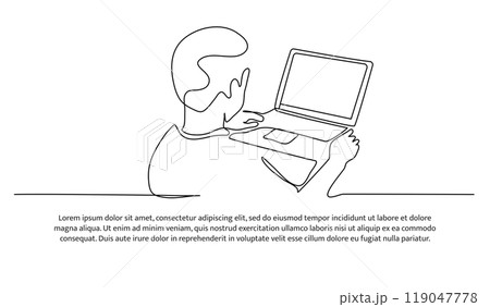 Continuous line design of man confidently in front of laptop. Online work and study design concept. Decorative elements drawn on a white background. 119047778