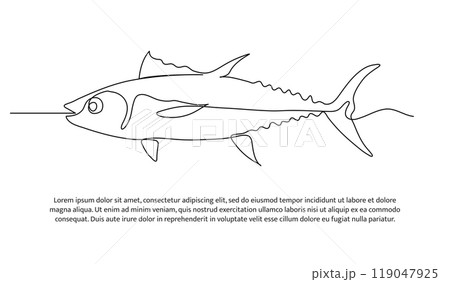 One continuous line of fish. Tuna line drawing. Minimalist style vector illustration on white background. One continuous line of fish. Tuna line drawing. Minimalist style vector illustration on white background. 119047925