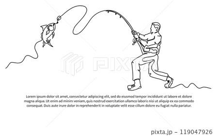 One line continuous of fishing. A man pulled the fishing rod with all his might. Minimalist style vector illustration in white background. 119047926