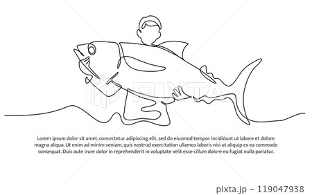 One continuous line of a young man holding up a large tuna fish. Minimalist style vector illustration on white background. 119047938