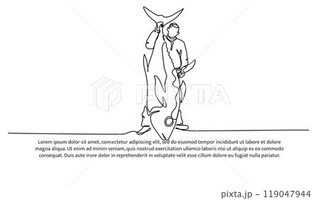 One continuous line of a young man holding up a large tuna fish. Minimalist style vector illustration on white background. 119047944
