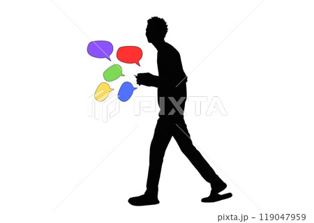 oung man texting on smart phone with speech bubbles against white background  119047959