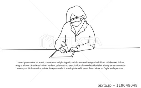 One continuous line design of a female scientist is analyzing the data. Decorative elements are drawn on a white background. One continuous line design of a female scientist is analyzing the data. Decorative elements are drawn on a white background. 119048049