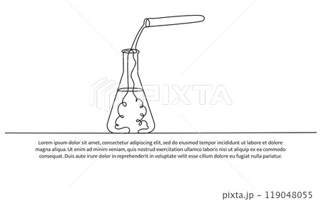 One continuous line of the hand pouring liquid to the chemical tube. Decorative elements are drawn on a white background. 119048055