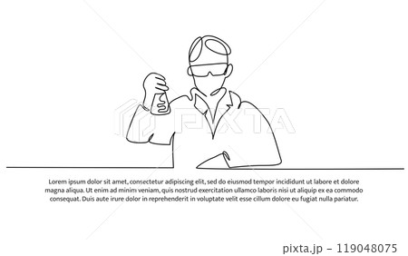 Continuous line design of the man doing lab testing. Decorative elements are drawn on a white background. Continuous line design of the man doing lab testing. Decorative elements are drawn on a white background. 119048075