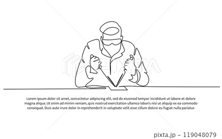 Continuous line design of the man doing lab testing. Decorative elements are drawn on a white background. 119048079