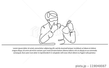 Continuous line design of the man doing lab testing. Decorative elements are drawn on a white background. 119048087