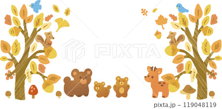 バナー　あしらい　飾り　秋　動物　落ち葉　葉　水彩　手描き　かわいい　おしゃれ　イラスト素材セット 119048119