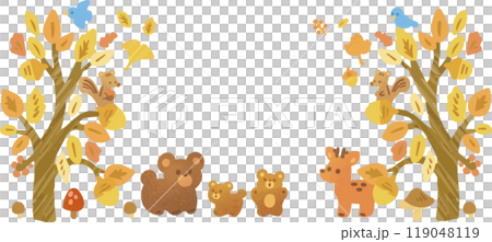 バナー　あしらい　飾り　秋　動物　落ち葉　葉　水彩　手描き　かわいい　おしゃれ　イラスト素材セット 119048119