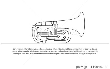 Trumpet one continuous line design. Decorative elements drawn on a white background. Trumpet one continuous line design. Decorative elements drawn on a white background. 119048220