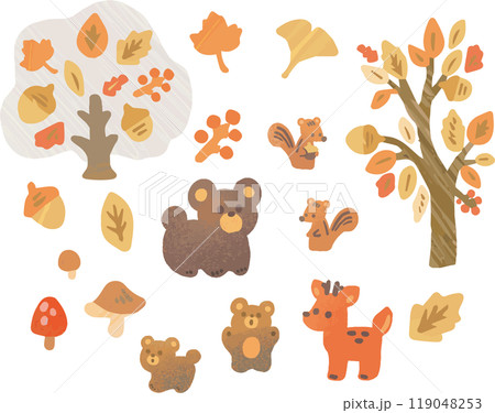あしらい　飾り　アイコン　秋　動物　落ち葉　葉　水彩　手描き　かわいい　おしゃれ　イラスト素材セット 119048253