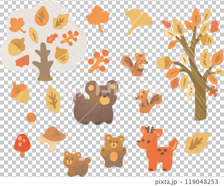 あしらい　飾り　アイコン　秋　動物　落ち葉　葉　水彩　手描き　かわいい　おしゃれ　イラスト素材セット 119048253
