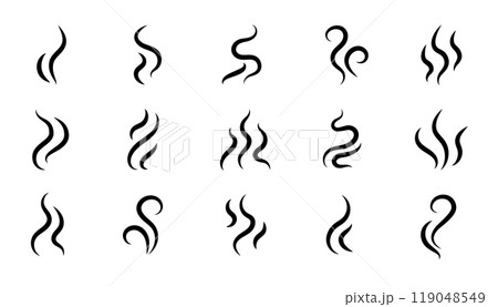 Smoke steam icon vector logo set. Smoke smell, steam aroma heat icon illustration. Hot vapor fire doodle line logo. Hit stink, coffee, fragrance flame elements. Vector Smoke steam icon vector logo set. Smoke smell, steam aroma heat icon illustration. Hot vapor fire doodle line logo. Hit stink, coffee, fragrance flame elements. Vector 119048549