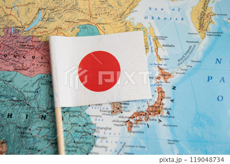 Bangkok, Thailand December 7, 2023, Japan flag on world map. Bangkok, Thailand December 7, 2023, Japan flag on world map. 119048734