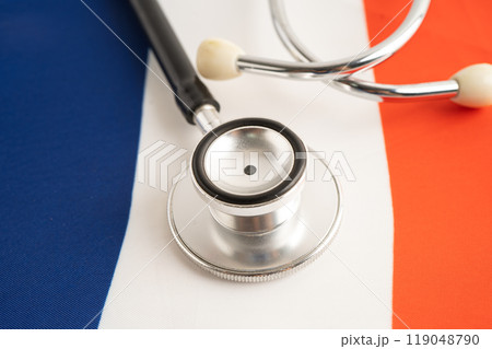 Stethoscope on France flag, Business and finance. 119048790