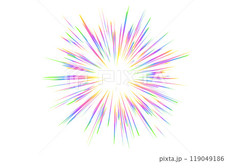 Light burst with rainbow prism effect. Halo flare sparkles of crystal on white background. Vector radial holographic color explosion. Comic speed lines glare beams with sparks and neon reflection. 119049186