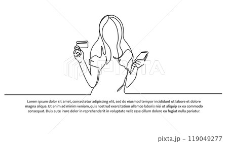 Electronic digital payment one continuous line design. Illustration of a female model holding a cell phone and a debit card. Decorative elements drawn on a white background. Electronic digital payment one continuous line design. Illustration of a female model holding a cell phone and a debit card. Decorative elements drawn on a white background. 119049277