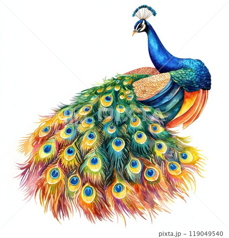 Colorful peacock, white isolate backgroundのイラスト素材
