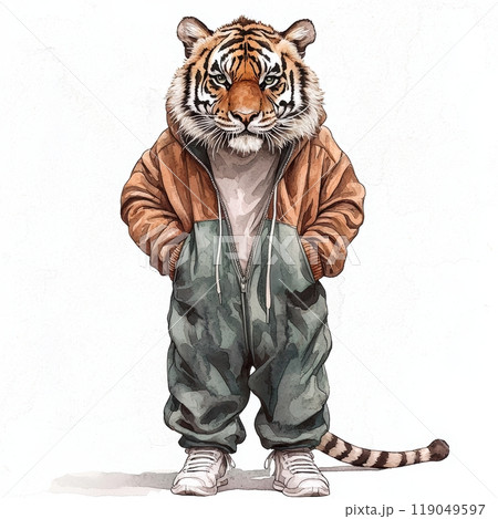 Tiger wearing a stylish outfit, white isolated background 119049597