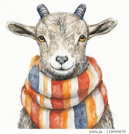 Goat with a colorful scarf, white isolate background 119049676