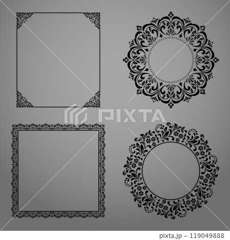 Set of decorative frames Elegant vector element for design in Eastern style, place for text. Floral black and gray borders. Lace illustration for invitations and greeting cards 119049888