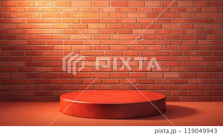 A circular red podium against a textured brick wall, ideal for presentations, displays, or artistic showcases. 119049943