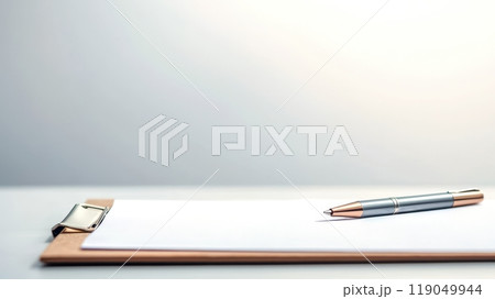 A clean clipboard with a blank sheet of paper and a silver pen, ideal for writing notes or preparing documents. 119049944