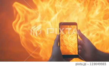 A person holds a smartphone displaying vibrant flames, symbolizing technology, fire, and digital innovation in a dramatic setting. 119049985