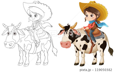 Girl Riding a Cow Illustration 119050382