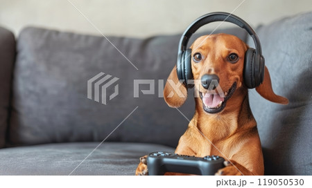 Happy dog wearing headphones and playing video game. 119050530