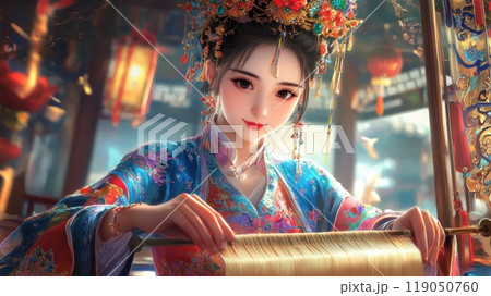 Woman in traditional attire weaving in a vibrant setting. 119050760