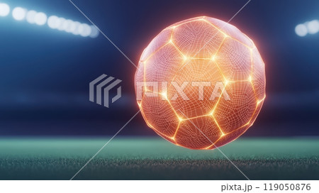 Illuminated wireframe soccer ball on a field 119050876