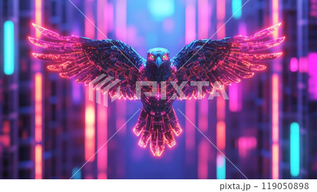 Neon glowing wireframe eagle, futuristic background 119050898