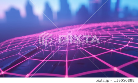 wireframe Neon grid pattern on blurred cityscape. 119050899