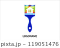 Paint brush tool with spectrum rainbow colors, suitable for painter service, with a paint and paintbrush and white silhouette of a house, this illustration is perfect for painting industry 119051476