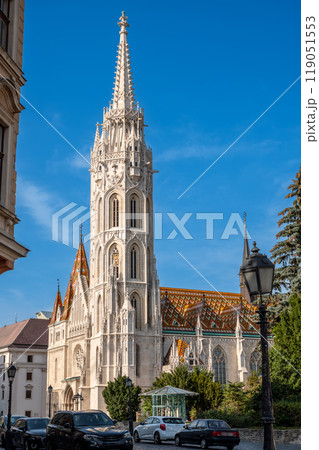 Budapest, Hungary. August 26, 2022. Vertical shot the bell tower of the Matthias church. 119051553