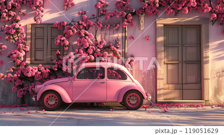 A pink car parked in front of a house with pink flowers growing on the wall. A pink car parked in front of a house with pink flowers growing on the wall. 119051629
