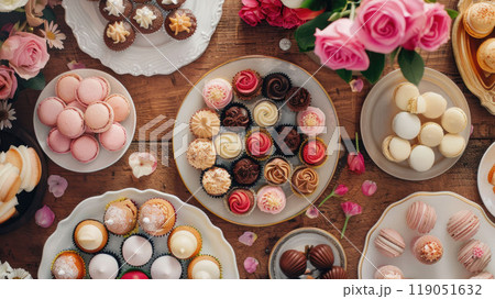 Top-down view of an elegant dessert table featuring a variety of gourmet desserts: macarons, cupcakes, and chocolate truffles, all arranged on delicate plates. Top-down view of an elegant dessert table featuring a variety of gourmet desserts: macarons, cupcakes, and chocolate truffles, all arranged on delicate plates. 119051632