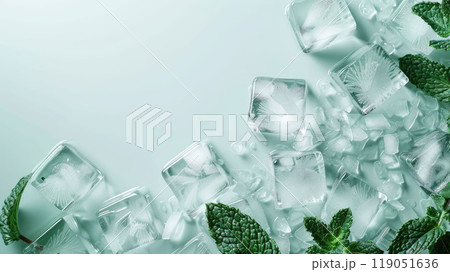 Ice Cubes with mint leaves background. Flat lay with space for text. Copy space. Ice Cubes with mint leaves background. Flat lay with space for text. Copy space. 119051636