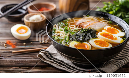 Close-up of a steaming bowl of ramen with a rich broth, topped with slices of pork, soft-boiled eggs, green onions, and seaweed. Chopsticks placed across the bowl 119051651