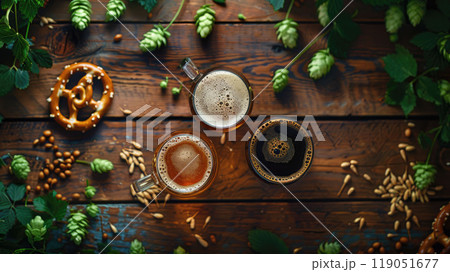 Flat lay of a wooden table with two beer glasses--one filled with golden lager, the other with dark, rich porter. Surrounding the glasses are fresh hops, barley, and a few scattered pretzels Flat lay of a wooden table with two beer glasses--one filled with golden lager, the other with dark, rich porter. Surrounding the glasses are fresh hops, barley, and a few scattered pretzels 119051677